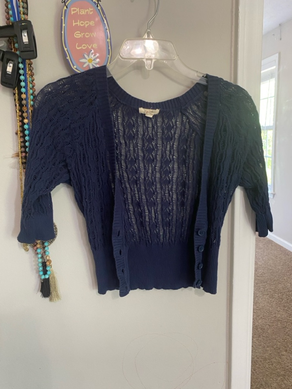 Navy Open-Knit Short-Sleeve Button Cardigan size M